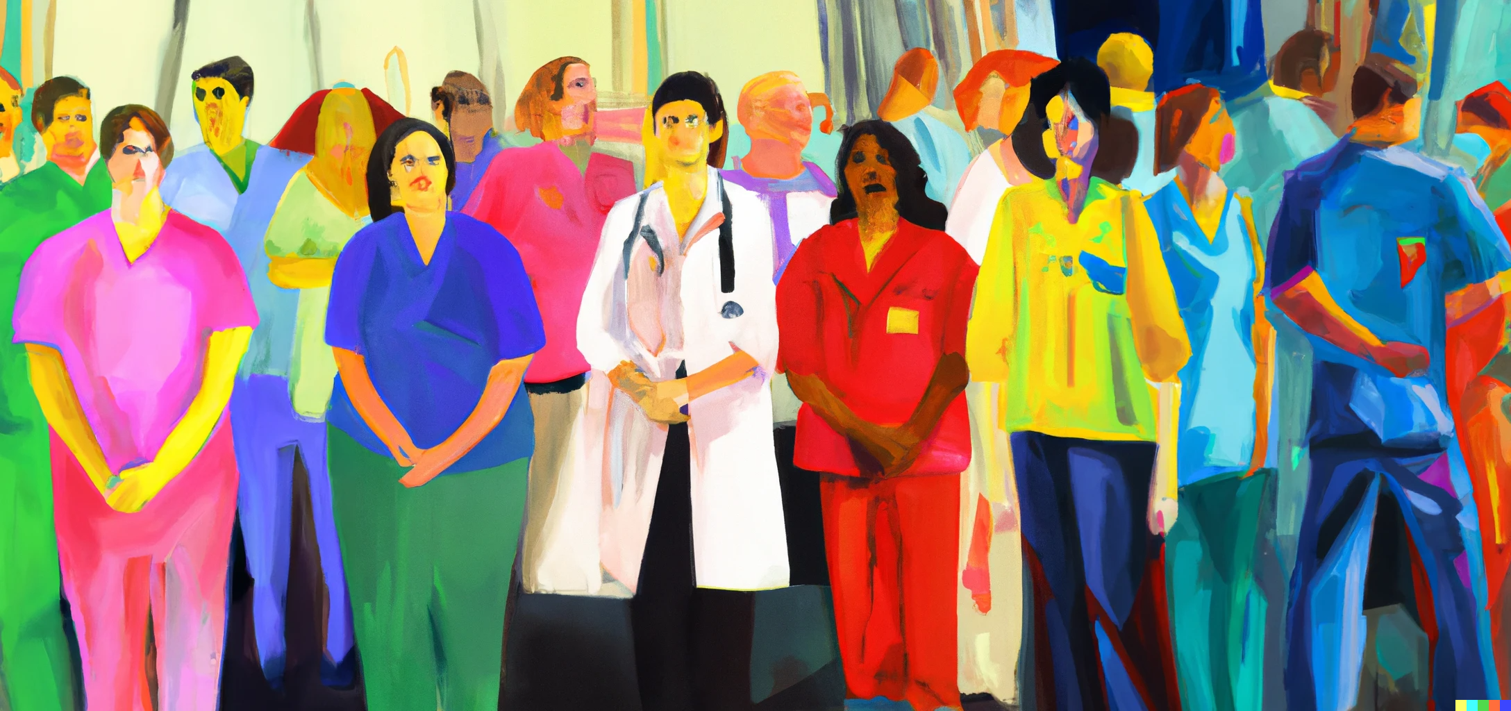 DALL·E 2023-07-25 09.16.11 - extend to include workers who are wearing teal, maroon scrubs with the same color top and bottom